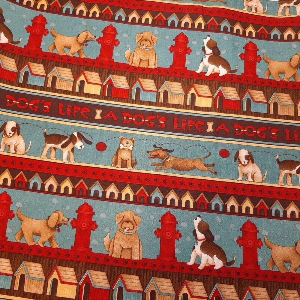 DEBBIE MUMM Cotton Fabric A Dog's Life Striped Brown Red Aqua 2 Yards